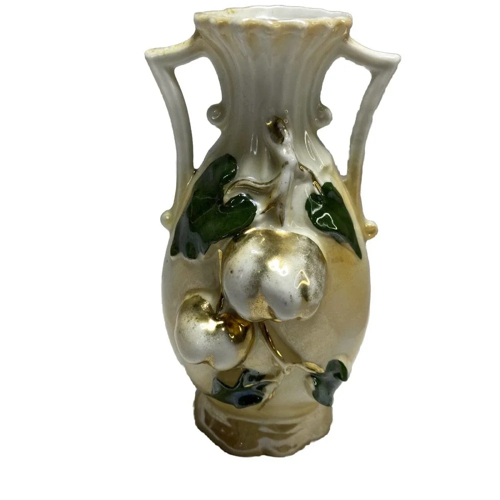 Antique Small Iridescent Two Handled Vase Raised Fruits Leaves Gold G.H. Mumm Co